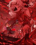  2girls blonde_hair chamaruk chinese_clothes dress flandre_scarlet flying giant giantess highres holding holding_staff looking_up multiple_girls open_mouth red_dress red_eyes sharp_teeth staff sunken_fossil_world teeth touhou toutetsu_yuuma white_hair wings 