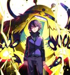  1boy absurdres closed_mouth commentary_request cowboy_shot electivire electricity frown highres jacket long_sleeves male_focus pants paul_(pokemon) pokemon pokemon_(anime) pokemon_(creature) pokemon_dppt_(anime) purple_hair purple_jacket red_eyes shirt short_hair short_sleeves tuze111 