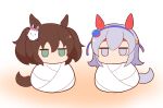  2girls animal_ears blue_hairband brown_hair chibi fox_mask gomashio_(goma_feet) green_eyes grey_eyes grey_hair hair_between_eyes hairband headband highres horse_ears horse_girl horse_tail inari_one_(umamusume) jitome looking_at_viewer mask mask_on_head multiple_girls red_headband tail tamamo_cross_(umamusume) twintails umamusume white_background 