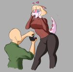 2024 5_fingers ae_9_9_9 anon_(snoot_game) anthro bald blonde_hair blue_eyes blush breasts cavemanon_studios clothing digital_drawing_(artwork) digital_media_(artwork) dinosaur duo female fingers goodbye_volcano_high grey_background hadrosaurid hair heart_eyes heart_symbol hi_res human leggings legwear light-skinned_male light_body light_skin long_tail male mammal multicolored_body multicolored_scales naomi_(gvh) open_mouth orange_body orange_scales ornithischian ornithopod parasaurolophus pink_body pink_scales proposal reptile ring_(jewelry) scales scalie short_hair simple_background snoot_game snout spiked_tail spikes spikes_(anatomy) sweater tail thick_thighs topwear two_tone_body two_tone_scales