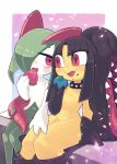  berry_(pokemon) blush choker colored_skin eating extra_mouth fangs food green_hair hair_over_one_eye hand_on_another&#039;s_thigh highres holding holding_food horns ino_(tellu0120) kirlia long_tongue mawile multicolored_skin open_mouth oran_berry pecha_berry pink_eyes pokemon pokemon_(creature) sidelocks sitting spiked_choker spikes tongue tongue_out two-tone_skin very_long_tongue white_skin yellow_skin 