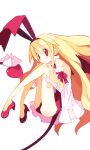  absurdres blonde_hair bow demon_girl demon_tail demon_wings disgaea flonne flonne_(fallen_angel) harada_takehito high_heels highres leotard long_hair long_tail looking_at_viewer makai_senki_disgaea photoshop_(medium) pointy_ears red_eyes red_leotard red_tail red_wings ribbon simple_background smile tail tail_bow tail_ornament white_background wings 
