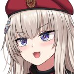  1girl ak74m_(girls&#039;_frontline) beret blonde_hair blue_eyes blush eyebrows_visible_through_hair girls&#039;_frontline hair_ornament hat hat_ornament long_hair looking_away open_mouth red_headwear red_star russian_flag smile snowflake_hair_ornament solo_focus star_(symbol) star_hat_ornament white_background yakob_labo 