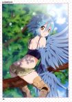  1girl :o absurdres ahoge artbook artist_name ass back bird_legs black_tank_top blue_hair blue_wings border branch brown_shorts cropped_shirt eyebrows_visible_through_hair feathered_wings feathers feet_out_of_frame from_behind fur-trimmed_shorts fur_trim hair_between_eyes harpy highres looking_at_viewer looking_back micro_shorts monster_girl monster_musume_no_iru_nichijou page_number papi_(monster_musume) ragho_no_erika scan short_hair shorts sitting solo tank_top white_border winged_arms wings 