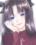  1girl black_bow blue_eyes bow brown_hair fate/stay_night fate_(series) hair_bow highres long_hair looking_at_viewer red_sweater roku_(ntbr_fate) smile sweater tohsaka_rin turtleneck two_side_up upper_body white_background 