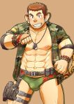  1boy abs animal_ears bara bare_pectorals blush briefs brown_hair bulge camouflage camouflage_shirt dog_tags ei_(marutendon) green_male_underwear green_shirt jaguar_boy jaguar_ears jaguar_tail large_pectorals looking_at_viewer male_focus male_underwear muscular muscular_male navel nipples open_clothes open_shirt pectorals print_shirt shirt short_hair sideburns sleeves_rolled_up smile solo stomach tail thick_thighs thighs tokyo_afterschool_summoners underwear world_wrestler_(housamo) 