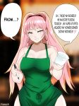  1girl alternate_costume apron bare_shoulders barista breasts ceroccb cup curvy earrings english_text fire_emblem fire_emblem:_three_houses hairband highres hilda_valentine_goneril holding holding_cup holding_pen hoop_earrings iced_latte_with_breast_milk_(meme) jewelry large_breasts lipstick long_hair makeup meme nail_polish naked_apron oh_these?_my_boobies? pen pink_eyes pink_hair shoulders smile solo speech_bubble starbucks thick_thighs thighs 