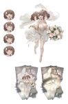  1girl azur_lane blush bouquet breasts brown_hair character_sheet cleavage detached_sleeves dress expressions flower frills green_eyes high_heels highres large_breasts long_hair looking_at_viewer mkiiiiii official_alternate_costume official_art open_mouth see-through solo thighhighs twintails wedding_dress white_dress white_footwear white_legwear york_(azur_lane) york_(oath_of_purity)_(azur_lane) 