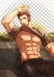  1boy abs absurdres armpits bara bare_pectorals belt biceps blue_eyes brown_belt brown_hair brown_pants brown_shirt bulge casual clothes_lift cross_scar fate/grand_order fate_(series) fence hand_in_hair highres large_pectorals lifted_by_self long_sideburns looking_at_viewer male_focus mouth_hold muscular muscular_male nanyu1998 napoleon_bonaparte_(fate) on_bench pants pectorals scar scar_on_chest shirt shirt_in_mouth shirt_lift sideburns sitting solo topless_male 