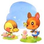  2girls :o animal_crossing apron artist_name black_eyes blue_dress blue_sky bright_pupils bug butterfly butterfly_on_nose closed_eyes closed_mouth commentary day deer_girl dress duck_girl english_commentary fauna_(animal_crossing) floral_print flower furry furry_female grass green_shirt lowres molly_(animal_crossing) multiple_girls on_grass pinafore_dress pink_flower shirt short_sleeves simple_background sitting sky sleeping sleeping_upright sleeveless sleeveless_dress squeans standing twitter_username u_u umino-mari waist_apron white_apron white_background white_pupils white_shirt yellow_butterfly 