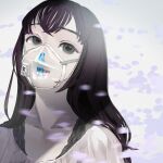  1girl barcode blood blood_on_face blue_blood collarbone commentary daydremec eyeshadow grey_eyes highres long_hair makeup mask mouth_mask nosebleed original purple_eyeshadow purple_hair see-through solo transparent upper_body 