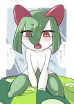  bags_under_eyes blush colored_skin green_hair hair_between_eyes highres horns ino_(tellu0120) kirlia multicolored_skin open_mouth pink_eyes poke_ball_print pokemon pokemon_(creature) sidelocks simple_background speech_bubble sweat translation_request two-tone_skin white_skin 