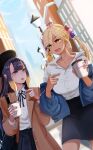  2girls absurdres arguing blonde_hair blue_eyes coat coffee_cup contemporary cup dark-skinned_female dark_skin disposable_cup dress_shirt high-waist_skirt highres holding holding_cup hololive hololive_english limiter_(tsukumo_sana) long_hair lucferz mole mole_under_eye multiple_girls ninomae_ina&#039;nis off_shoulder open_mouth pencil_skirt pointing purple_hair shirt skirt tsukumo_sana twintails v-shaped_eyebrows virtual_youtuber yellow_eyes 