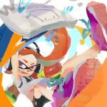  1girl :d bike_shorts black_shorts fang game_console headphones ink_tank_(splatoon) inkling inkling_girl inkling_player_character long_hair open_mouth orange_hair pink_footwear red_eyes seijisartworks shirt shoelaces shoes short_sleeves shorts single_vertical_stripe smile sneakers solo splatoon_(series) splatoon_1 splattershot_(splatoon) super_soaker t-shirt teeth tentacle_hair white_shirt wii_u 