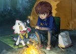  1boy amanokawa_hiro backpack bag black_pants blue_jacket brown_hair campfire camping camping_chair digimon digimon_(creature) digimon_ghost_game fire fon-due_(fonfon) food gammamon green_eyes holding holding_stick jacket long_sleeves male_focus marshmallow open_mouth outdoors pants red_footwear roasted_marshmallow scarf shoes short_hair sitting sneakers sparkle stick tent yellow_scarf 