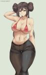  1girl artist_name black_legwear blue_eyes bra breasts brown_hair closed_mouth commentary cutesexyrobutts_(style) double_bun doughnut_hair_bun english_commentary hand_up highres large_breasts long_hair looking_at_viewer navel pantyhose pokemon pokemon_(game) pokemon_bw2 red_bra rosa_(pokemon) simple_background skindentation solo standing thick_thighs thighs twintails underwear wide_hips yomichiboy 