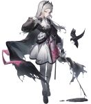 1girl arknights bird black_cape black_dress black_footwear black_gloves cape commentary crow dress feather_hair full_body gloves grey_eyes grey_hair grey_pantyhose half-closed_eyes highres holding holding_sword holding_weapon irene_(arknights) loafers long_hair long_sleeves pantyhose puddle rapier shoes simple_background solo sword sye torn_clothes weapon white_background 
