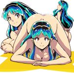  1girl all_fours ass back breasts collarbone commentary_request convenient_arm covering_breasts covering_privates green_hair horns kamisimo_90 long_hair looking_at_viewer lum medium_breasts multiple_views nude presenting red_eyes simple_background smile thighs urusei_yatsura 