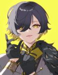  1boy adjusting_clothes adjusting_gloves black_gloves black_hair blonde_hair colored_inner_hair earrings fangs gloves hair_between_eyes highres holostars jacket jewelry looking_at_viewer male_focus multicolored_hair parted_lips portrait short_hair smile solo two-tone_hair virtual_youtuber yatogami_fuma yellow_background yellow_eyes zer00han 