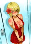 1girl bangs blonde_hair blush breasts collarbone colorized cowboy_shot dark-skinned_female dark_skin dress eyebrows_visible_through_hair eyes_visible_through_hair flower gravel_(masou_gakuen_hxh) hair_between_eyes hair_flower hair_ornament hair_over_one_eye hibiscus highres hisasi large_breasts looking_at_viewer masou_gakuen_hxh own_hands_together parted_lips pleated_dress plunging_neckline red_dress red_eyes revealing_clothes shiny shiny_hair short_dress short_hair sleeveless sleeveless_dress solo standing third-party_edit 
