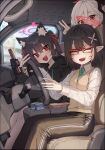  3girls absurdres animal_ear_fluff animal_ears ayane_(blue_archive) black_hair blue_archive car car_interior casual cat_ears crossed_bangs driving hair_between_eyes halo highres kokukyukeo looking_at_viewer motor_vehicle multiple_girls mutsuki_(blue_archive) pants pointy_ears red-framed_eyewear red_eyes serika_(blue_archive) short_hair steering_wheel track_pants white_hair 