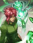  1boy casting_spell closed_mouth dated earrings eyelashes fon-due_(fonfon) gakuran green_jacket grey_eyes hand_on_own_hip hierophant_green jacket jewelry jojo_no_kimyou_na_bouken kakyoin_noriaki looking_at_viewer male_focus motion_blur red_hair school_uniform short_hair signature stand_(jojo) stardust_crusaders 