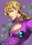  1boy blonde_hair braid curly_hair dated earrings eyelashes fon-due_(fonfon) from_side giorno_giovanna jacket jewelry jojo_no_kimyou_na_bouken looking_at_viewer male_focus parted_lips pectoral_cleavage pectorals purple_background purple_jacket short_hair signature solo vento_aureo 