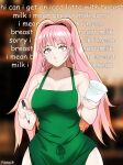  1girl alternate_costume apron background_text bare_shoulders barista breasts ceroccb cup curvy earrings english_text fire_emblem fire_emblem:_three_houses hairband highres hilda_valentine_goneril holding holding_cup holding_pen hoop_earrings iced_latte_with_breast_milk_(meme) jewelry large_breasts long_hair meme nail_polish naked_apron pen pink_eyes pink_hair shoulders solo starbucks stunned_silence surprised thick_thighs thighs 