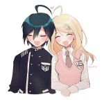  1boy 1girl ahoge akamatsu_kaede artist_name bad_id bad_twitter_id black_jacket black_sleeves blonde_hair blue_hair blush brown_necktie buttons closed_eyes collared_jacket collared_shirt commentary_request crest cropped_torso dalrye_v3 danganronpa_(series) danganronpa_v3:_killing_harmony double-breasted eyelashes hair_between_eyes hair_ornament heads_together heart hetero jacket leaning_on_person long_hair long_sleeves musical_note musical_note_hair_ornament necktie open_mouth pink_vest pinstripe_jacket pinstripe_pattern pocket saihara_shuichi shirt simple_background smile v-neck vertical-striped_sleeves vest white_background white_shirt white_sleeves 