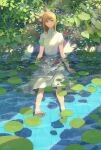  1girl barefoot blonde_hair dress highres hiko_(scape) leaf lily_pad looking_at_viewer original partially_submerged sitting water white_dress 