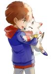  1boy amanokawa_hiro blue_jacket brown_hair dated digimon digimon_(creature) digimon_ghost_game fon-due_(fonfon) gammamon green_eyes grey_pants holding_digimon hood hooded_sweater hug jacket long_sleeves male_focus open_mouth pants red_sweater short_hair signature simple_background sweater white_background 