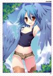  1girl :d absurdres ahoge arm_up artbook artist_name bird_legs black_tank_top blue_hair blue_sky blue_wings blush border breasts brown_shorts cowboy_shot eyebrows_visible_through_hair feathered_wings feathers hair_between_eyes harpy highres micro_shorts midriff monster_girl monster_musume_no_iru_nichijou nanaroba_hana navel open_fly open_mouth page_number papi_(monster_musume) scan short_hair shorts sideboob sky small_breasts smile solo strap_slip tank_top teeth white_border winged_arms wings yellow_eyes 