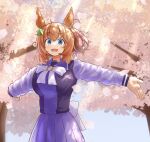  1girl absurdres animal_ears back_bow blue_eyes blue_skirt blush blush_stickers bow cherry_blossoms commentary commentary_request cowboy_shot ear_bow hair_ornament highres horse_ears horse_girl horse_tail light_brown_hair long_hair long_sleeves looking_at_viewer open_mouth outdoors outstretched_arms pleated_skirt pout purple_shirt sailor_collar school_uniform shirt skirt smile solo spread_arms star_(symbol) star_hair_ornament taiki_shuttle_(umamusume) tail tracen_school_uniform umamusume white_bow yamada_(c57hikaru) 