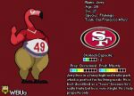 anthro avian beak belly bird character_name clothing digital_media_(artwork) english_text feet flamingo jerry_(wbu) logo male model_sheet moobs nfl number_on_clothing overweight pink_body san_francisco_49ers simple_background slightly_chubby solo text wbu