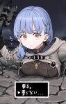  1girl blue_hair breasts brown_eyes commentary_request flanged_mace hair_ornament hairclip highres holding holding_mace holding_weapon hood hooded_jacket jacket jun_(navigavi) looking_at_viewer mace medium_hair original pitfall solo stone_floor stuck translation_request upper_body weapon 