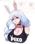  1girl absurdres alternate_costume animal_ear_fluff animal_ears black_shirt blue_hair braid breasts choker fraankyy highres hololive large_breasts looking_at_viewer mature_female meme multicolored_hair ogey_rrat_(meme) pekomama rabbit_ears rabbit_girl red_eyes shirt short_eyebrows smug solo streaked_hair thick_eyebrows upper_body usada_pekora virtual_youtuber white_hair 