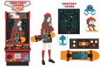  1girl absurdres arcade_cabinet beret black_footwear black_shorts blue_eyes brown_hair creature grey_vest hand_up hat highres holding holding_skateboard kneehighs loafers long_hair long_sleeves looking_at_viewer multiple_views natsugu72 pixel_art_inset red_hat red_shirt red_socks reference_sheet reverse:1999 shirt shoes shorts skateboard smile socks striped_clothes striped_shorts sweater_vest ttt_(reverse:1999) vertical-striped_clothes vertical-striped_shorts vest video_game white_background 