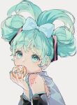  1girl aqua_eyes aqua_hair aqua_nails aqua_necktie bare_shoulders blue_bow bow cinnamiku collared_shirt detached_sleeves double_bun eating eyelashes food food_on_face frills grey_shirt hair_bow hair_bun hand_up hatsune_miku headphones highres holding holding_food long_hair looking_at_viewer looking_to_the_side mrfluffyspiky nail_polish necktie number_tattoo open_mouth shirt shoulder_tattoo simple_background solo tattoo updo upper_body vocaloid 