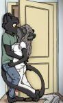 anthro bad_guy_cafe black_body black_fur blush cathleen_velvetpaw door duo felid female fur grey_body grey_fur grey_hair hair hi_res hug kissing male mammal pantherine shevron yellow_eyes ziegelzeig