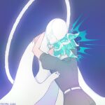  2others androgynous aqua_hair arms_up chocomel_ju1ce closed_eyes crystal_hair dual_persona english_commentary gem_uniform_(houseki_no_kuni) halo hand_up happy highres houseki_no_kuni hug multiple_others other_focus phosphophyllite phosphophyllite_(10000) puffy_short_sleeves puffy_sleeves short_hair short_sleeves smile spoilers time_paradox twitter_username 
