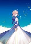  1girl ahoge artoria_pendragon_(fate) blonde_hair blue_background blue_ribbon braid commentary crown_braid dress excalibur_(fate/stay_night) fate/stay_night fate_(series) french_braid glaring highres juliet_sleeves long_sleeves looking_at_viewer planted planted_sword puffy_sleeves ribbon roku_(ntbr_fate) saber solo sword weapon yellow_eyes 