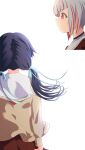  2girls absurdres black_choker blue_hair blue_ribbon bob_cut brown_cardigan brown_dress cardigan choker commentary_request dark_blue_hair dollchestra dress floating_hair grey_hair hair_ribbon hasu_no_sora_school_uniform highres inverted_bob light_particles link!_like!_love_live! long_hair long_sleeves looking_ahead love_live! low_twintails multicolored_hair multiple_girls murano_sayaka neckerchief open_cardigan open_clothes rakinegimagi red_eyes red_hair red_neckerchief ribbon sailor_collar sailor_dress school_uniform short_hair simple_background streaked_hair twintails twitter_thumbnail_collage virtual_youtuber white_background white_sailor_collar winter_uniform yugiri_tsuzuri 
