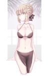  1girl alternate_costume arm_support artoria_pendragon_(fate) black_bow blonde_hair border bow braid breasts breasts_apart clothing_request commentary crown_braid fate/stay_night fate_(series) french_braid groin hair_bow halter_top halterneck highres medium_breasts navel outside_border pelvic_curtain roku_(ntbr_fate) saber_alter skindentation solo strap_gap white_border yellow_eyes 