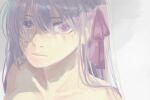  1girl collarbone fate/stay_night fate_(series) hair_between_eyes hair_over_eyes lips long_hair looking_at_viewer matou_sakura painterly purple_eyes purple_hair purple_ribbon ribbon roku_(ntbr_fate) solo upper_body white_background 
