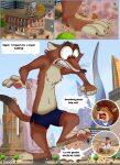 2024 4_fingers anthro bottomwear brown_body brown_fur building canid canine cheek_tuft city city_background city_crushing city_destruction cityscape clothed clothing comic cracked_ground cracks detailed_background dialogue disney duke_weaselton duo english_text facial_tuft fairytalesartist fingers fox fur gideon_grey hi_res lagomorph least_weasel leporid macro macro_anthro macro_male male mammal multicolored_body multicolored_fur mustelid musteline outside pivoted_ears plant red_eyes red_fox rubble shorts size_difference speech_bubble surprise surprised_expression teeth text tree true_fox true_musteline tuft uniform weasel wounded yelling zootopia