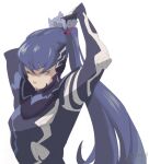  1boy androgynous armor bangs blue_hair bodysuit clawsou eyelashes gloves long_hair looking_at_viewer male_focus otoko_no_ko ponytail protagonist_(smtv) purple_hair shin_megami_tensei shin_megami_tensei_v simple_background solo very_long_hair yellow_eyes 