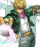  1boy battle_tendency belt blonde_hair border bubble caesar_anthonio_zeppeli closed_mouth eyelashes fingernails fon-due_(fonfon) foreshortening green_jacket grey_pants jacket jojo_no_kimyou_na_bouken looking_at_viewer male_focus pants pink_scarf scarf shirt sketch solo white_border white_shirt 