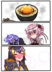  3girls :3 blue_eyes blush bowl chopsticks commentary egg facepalm fish_hair_ornament flower food hair_flower hair_ornament haruna_haruna multiple_girls nijisanji nijisanji_en obsydia_(nijisanji) open_mouth petra_gurin pink_hair rice_bowl rosemi_lovelock selen_tatsuki shaded_face suspicious_egg_dish sweat sweating_profusely virtual_youtuber 