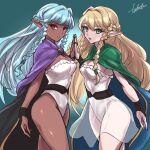  2girls aqua_hair blonde_hair braid breasts cleavage cloak dark-skinned_female dark_elf dark_skin elf eltolinde green_eyes hand_on_hand highres leotard long_hair looking_at_viewer multiple_girls open_mouth pointy_ears purple_cloak red_eyes rosalinde_(unicorn_overlord) siblings sisters sketch smile strapless takobe twin_braids unicorn_overlord very_long_hair 