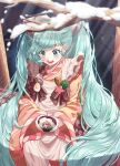  1girl absurdres apron aqua_eyes aqua_hair badge blush bow bowl branch brown_kimono button_badge earrings food fork_hair_ornament gganmaneul green_pepper hair_bow hair_ornament hardboiled_egg hatsune_miku highres holding holding_bowl japanese_clothes jewelry kappougi kimono long_hair open_mouth sitting smile snow snowflake_print solo soup_curry spoon_hair_ornament twintails very_long_hair vocaloid white_apron wide_sleeves yuki_miku yuki_miku_(2024) 